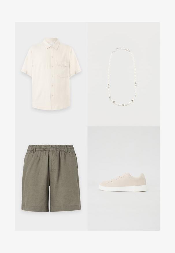 Kortærmet beige skjorte med knapper, spids krave og enkelt brystlomme med knap, vist fladt på en lys baggrund.; Khaki shorts i letvægtsstof med elastisk talje og knaplukning. Har et lige ben design og optrukket kant.; Beige ruskindsneakers med hvide gummisåler, rund tå og seks snøringshuller. Glat tekstur med minimalisk design.; Hvid perlehalskæde med sølvfarvede rhinsten-afstandsstykker og en sølvfarvet kædelås, vist mod en ensartet lys baggrund.
