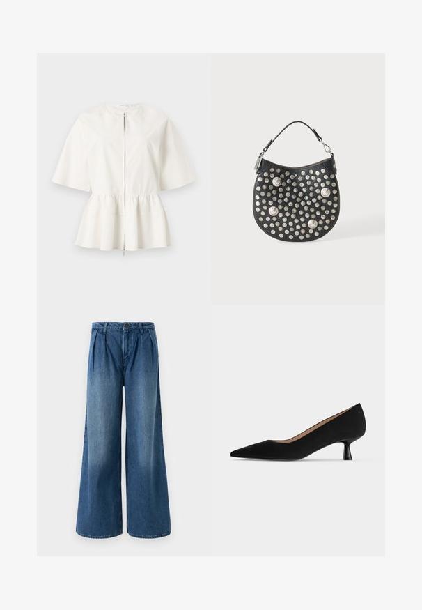 Witte blouse met korte mouwen, een rits aan de voorkant en een geplooide taille die een uitlopende peplumzoom creëert.; Brede jeans van medium blauw denim, met plooien bij de tailleband en een vlakke voorkant. Eenvoudige zoom zonder zichtbare versieringen.; Zwarte damespump met lage hak, puntige neus, smalle, uitlopende kittenhak en een gladde matte afwerking, zijaanzicht.; Zwarte leren handtas met korte handgreep, versierd met meerdere kleine en enkele grote ronde zilveren studs aan de voorkant.