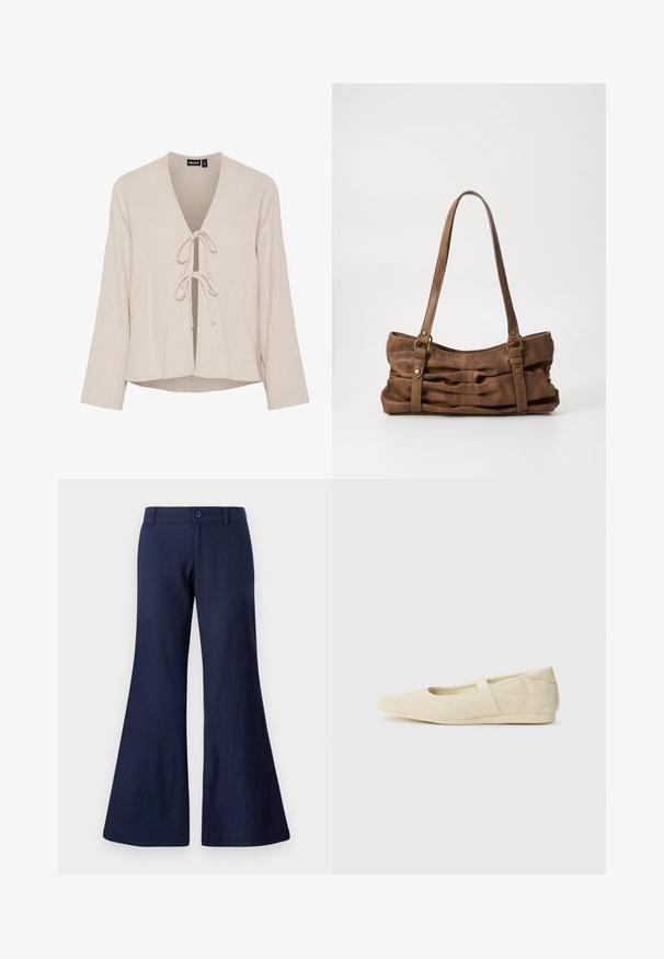 Vaaleanbeige blusa, jossa on syvä V-kaula-aukko, pitkät hihat ja edessä solmittava kiinnitys. Valmistettu teksturoidusta, pehmeästä kankaasta, jossa on rento istuvuus.; Tummansininen levenevä housut, jotka on valmistettu puuvillasta. Niissä on nappikiinnitys, vyölenkit ja sileä pinta leveillä lahkeilla.; Beige ballerinat kengät, joissa on sileä nahka-aines, mantelinmuotoinen kärki ja joustava nauha jalkapöydän ympärillä, sisältäen hillittyjä ompeluyksityiskohtia.; Even&Odd Käsilaukku - brown
