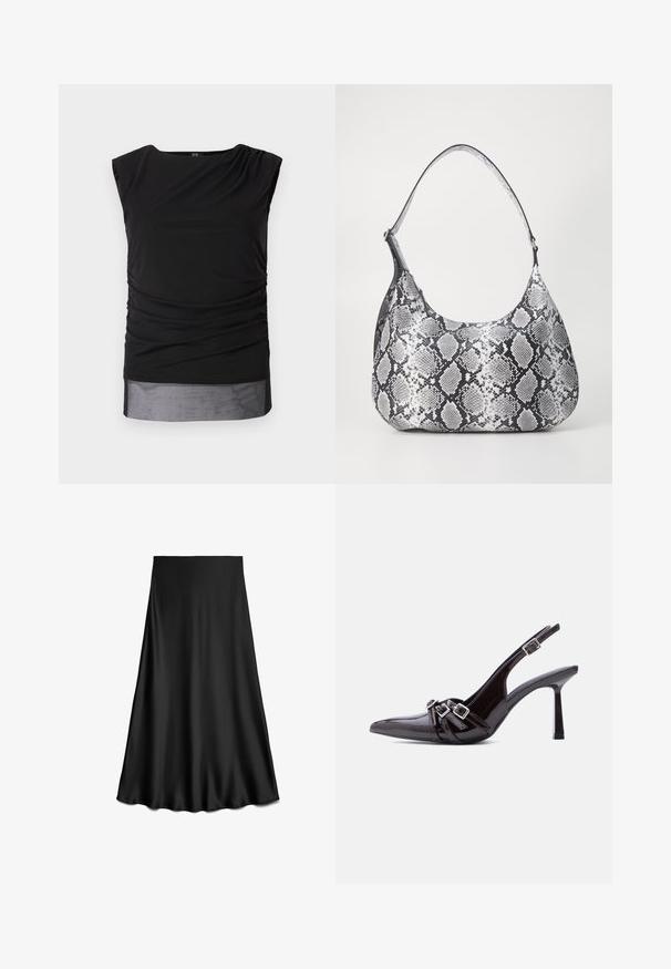 Top sin mangas negro hecho de tela elástica, con lados fruncidos, cuello de barco y un dobladillo inferior transparente.; Falda negra de satén en línea A con textura suave y dobladillo fluido, hasta la rodilla, mostrada sobre un fondo blanco.; Zapato de tacón alto tipo slingback de charol negro con punta afilada y tres correas decorativas con hebillas sobre la parte superior.; Bolso de hombro con estampado de serpiente en blanco y negro, de forma redondeada, textura suave y correa curvada. Presenta un acento de hardware plateado.