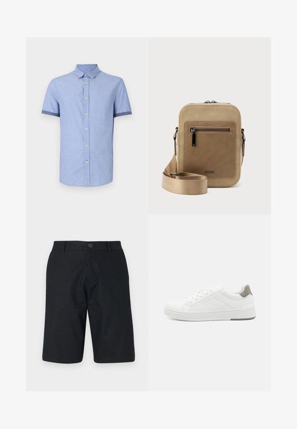 Lichtblauw shirt met korte mouwen en een button-down kraag, voorzien van lichtbruine knopen en contrasterende donkerblauwe bies op de mouwen.; Zwarte shorts gemaakt van lichtgewicht stof, met een rechte snit, enkele knoopsluiting en een schone zoom zonder zichtbare patronen.; Witte sneaker van glad leer met een ronde neus, minimalistisch ontwerp, grijze hielaccent en een geplaatste rubberen zool.; Kleine beige crossbodytas met een voorvak met ritssluiting, metalen ALDO-logo, verstelbare brede band en afgeronde rechthoekige vorm op een witte achtergrond.