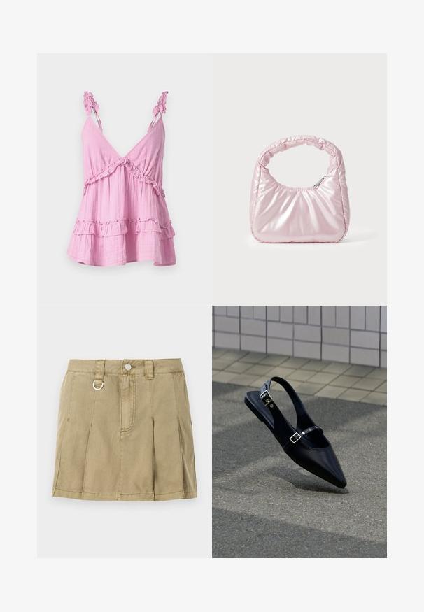 Top rosa sin mangas hecho de una tela suave con detalles con volantes a lo largo del escote y el dobladillo. Presenta un diseño relajado y acampanado.; Falda de mezclilla verde oliva claro con cuatro pliegues en forma de cuchillo, cierre frontal con botones y un detalle de bucle de metal en la waistband.; Zapato plano negro de punta puntiaguda con tiras de doble hebilla y talón descubierto, descansando sobre asfalto gris cerca de una pared con azulejos.; Bolso de mano acolchado en color rosa con un diseño redondeado, fabricado en material brillante. Presenta un asa fruncida y un cierre de cremallera para un acceso seguro.