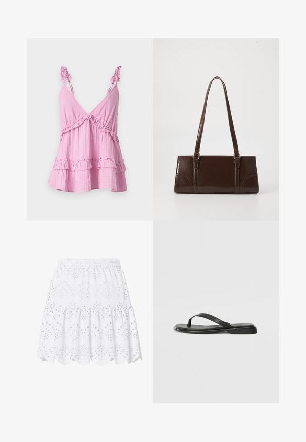 Top rose sans manches en tissu doux, avec des accents froncés le long de l'encolure et de l'ourlet. Présente un design décontracté et en étages.; Jupe courte blanche à volants avec taille élastique, broderie anglaise et ourlet festonné décoré de motifs floraux.; Tongs noires en cuir lisse, avec un design de sangle fine et une semelle plate à profil minimal. Aucun motif ou accent notables.; Sac à main en cuir verni marron de forme rectangulaire, avec deux longues poignées et des accents courbés subtils à l'avant.