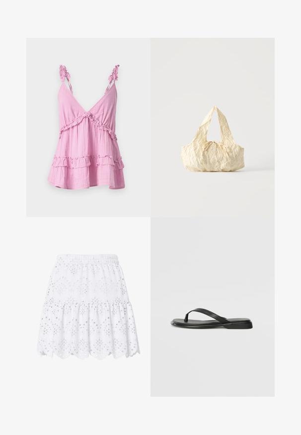Top rose sans manches en tissu doux, avec des accents froncés le long de l'encolure et de l'ourlet. Présente un design décontracté et en étages.; Jupe courte blanche à volants avec taille élastique, broderie anglaise et ourlet festonné décoré de motifs floraux.; Tongs noires en cuir lisse, avec un design de sangle fine et une semelle plate à profil minimal. Aucun motif ou accent notables.; Sac à main en tissu texturé couleur crème avec des anses sur le dessus et un petit nœud noué au centre devant.