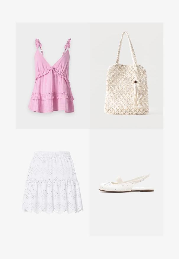 Top rose sans manches en tissu doux, avec des accents froncés le long de l'encolure et de l'ourlet. Présente un design décontracté et en étages.; Jupe courte blanche à volants avec taille élastique, broderie anglaise et ourlet festonné décoré de motifs floraux.; Chaussure blanche plate à bride arrière avec sangle à la cheville, bande élastique sur le dessus du pied, petit nœud et clous argentés dispersés.; Sac fourre-tout en coton blanc tissé avec des poignées tressées et un pompon suspendu orné d'un détail en perle de bois.