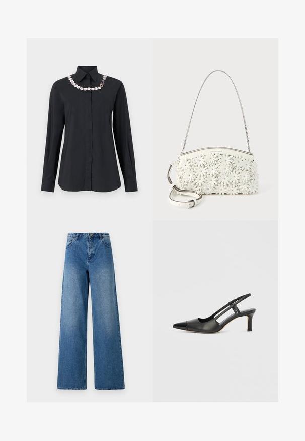 Zwart overhemd met lange mouwen en knopen, voorzien van een puntige kraag met een decoratieve witte parelketting en gouden sluiting langs de halslijn.; Wijduitlopende jeans van blauwe denim. Heeft een hoge taille, vijf zakken en een sluiting met een knoop aan de voorkant. Glad textuur met lichte vervaging.; Zwarte leren slingback schoen met een puntige neus, voorzien van een glanzend detail op de neuskap en een hak van gemiddelde hoogte. Open zijkant ontwerp.; Witte handtas met kettingriem, bedekt met 3D bloemenapplicaties met metalen studs in het midden en een afneembare leren schouderriem.