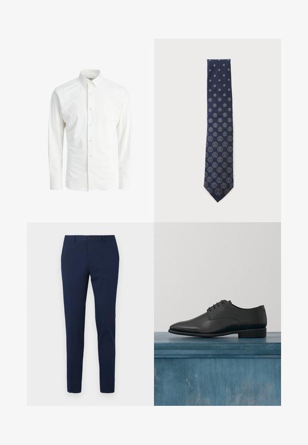 Lichtgewicht witte blouse met lange mouwen van soepel stof, met een klassieke kraag, knoopsluiting en standaard manchetten. Geen patronen of accenten.; Marineblauwe pantalon met een rechte pijp, gemaakt van een gladde stof. Voorzien van een knoopsluiting aan de voorkant en twee zijzakken.; Zwarte leren trouwschoen met een gladde afwerking, ronde neus en minimale veters. Heeft een lage hak en een slank ontwerp tegen een neutrale achtergrond.; Marineblauwe stropdas met een patroon van zilverkleurige cirkelvormige en abstracte bloemmotieven die gelijkmatig over de lengte zijn verdeeld.