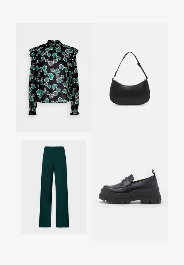 Blusa negra con estampado floral que presenta flores verdes y rosa claro, con hombros con volantes, cuello alto y puños elásticos. Fabricada en una tela ligera y transparente.; Pantalones verde oscuro de corte recto con trabillas para cinturón, cremallera frontal y perneras anchas, colocados planos sobre un fondo blanco.; Mocasín de cuero negro con suela gruesa y acanalada, costuras en la puntera estilo mocasín, detalle de correa en la parte superior y tira para tirar en el talón, mostrado de perfil lateral.; Pieces PCALUANA SHOULDER BAG - Bolso de mano - black