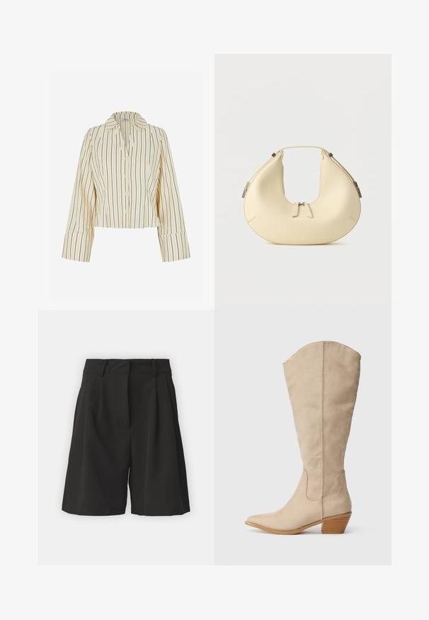 Cropt blouse in crème met verticale zwarte strepen, voorzien van een kraag en lange mouwen met brede manchetten. Gladde stoftextuur.; Zwarte shorts met een op maat gemaakte ontwerping, voorzien van plooien aan de voorkant, een brede tailleband en een soepele textuur. Geen zichtbare zakken.; Beige suede kniehoog laarzen met een spitse neus, stapelhak en zichtbare naaddetails. Gladde textuur met een eenvoudig ontwerp.; Beige, halvemaanvormige handtas met dubbele ritssluiting en korte handgreep, voorzien van zilverkleurige hardware details aan de zijkanten.