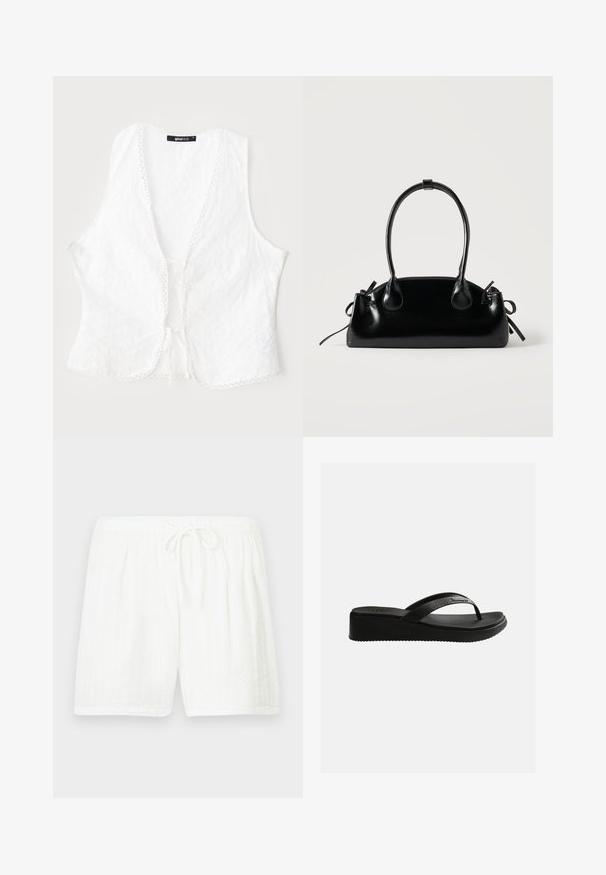 Haut sans manches blanc avec un motif floral, tissu texturé, bords festonnés et fermeture à nouer à l'avant. Étiquette visible à l'intérieur.; Shorts blancs en coton avec une taille élastique et un cordon de serrage. Présentent un motif texturé avec des rayures verticales et des poches latérales.; Sandale tongs compensée noire avec semelle texturée et fines lanières arborant un logo discret sur un fond blanc uni.; Petit sac à main noir brillant avec deux longues anses et des détails à cordon sur les côtés sur un fond clair uni.