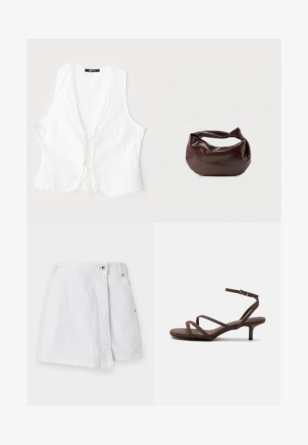Hvid ærmeløs top med blomstermønster, tekstureret stof, bølgede kanter og snørelukning foran. Mærke synligt indeni.; Hvid denim mini skirt med knaplukning foran, lige snit og diskret syning. Har en ren, glat tekstur.; Brun højhælet sandal med tynde krydsede stropper og en ankelrem med en sølvspænde på en hvid baggrund.; Mørkebrun læder skuldertaske med en blød, afslappet form og et snoet knudehåndtag på en ensartet hvid baggrund.