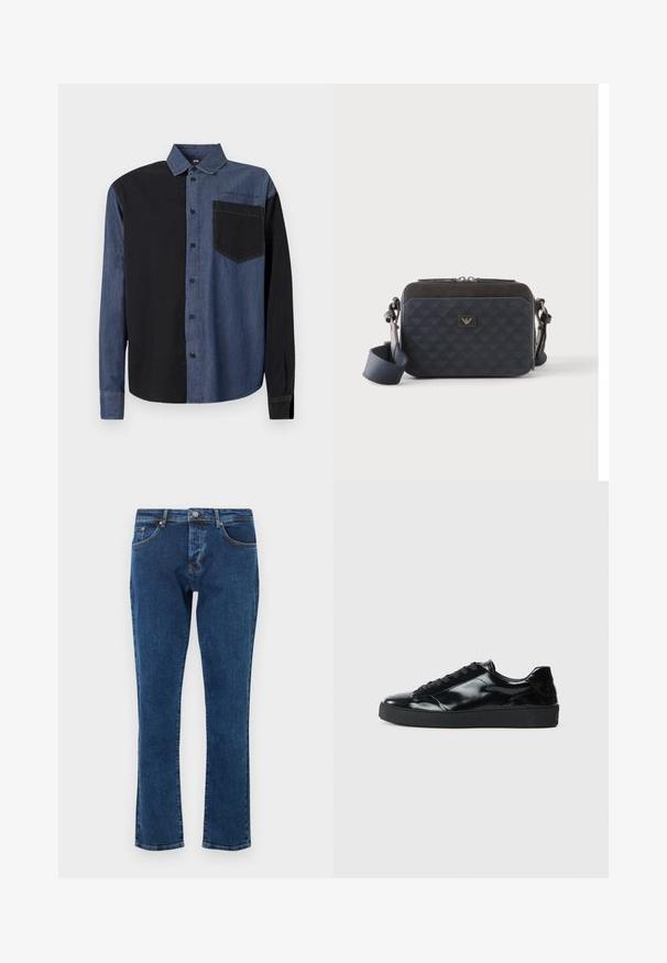 Chemise à boutons avec un design déstructuré : côté gauche noir, côté droit bleu denim, avec une poche poitrine et un détail de marque au-dessus.; Jean en denim bleu foncé avec une coupe droite, cinq poches et un bouton métallique à la taille. Texture lisse avec une décoloration minimale.; Baskets en cuir verni noir avec un bout arrondi, un laçage, une semelle en caoutchouc texturé et une finition lisse.; Sac bandoulière rectangulaire bleu foncé avec sangle réglable, fermeture éclair et motif subtil du logo sur le panneau avant.