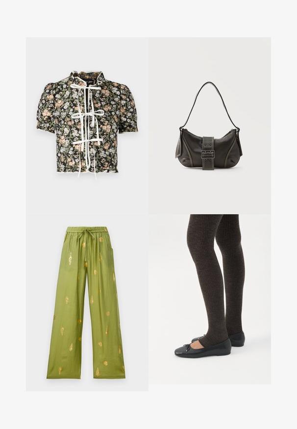 Blouse à manches courtes avec un imprimé floral noir, fermeture à nœud blanc et épaules froncées. Ourlet décoratif à volants avec un tissu texturé.; Pantalons larges olive avec taille élastique et cordon de serrage, décorés de motifs en or de coquillages et de conques.; Jambes portant des leggings côtelés foncés associés à des ballerines noires avec de petits détails en nœud sur fond blanc.; Sac à épaule en cuir noir avec une sangle à boucle, des bords arrondis et des coutures blanches contrastées sur un fond uni.