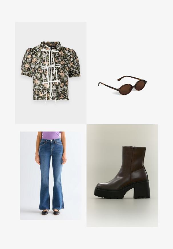 Blouse à manches courtes avec un imprimé floral noir, fermeture à nœud blanc et épaules froncées. Ourlet décoratif à volants avec un tissu texturé.; Femme portant un jean bootcut bleu taille haute, des ballerines noires et un t-shirt violet à manches courtes, debout devant un fond clair uni.; Bottine en cuir marron foncé avec une semelle plateforme noire épaisse et un talon bloc sur fond neutre.; Lunettes de soleil rondes avec monture écaille de tortue et verres teintés marron reposant sur une surface blanche.
