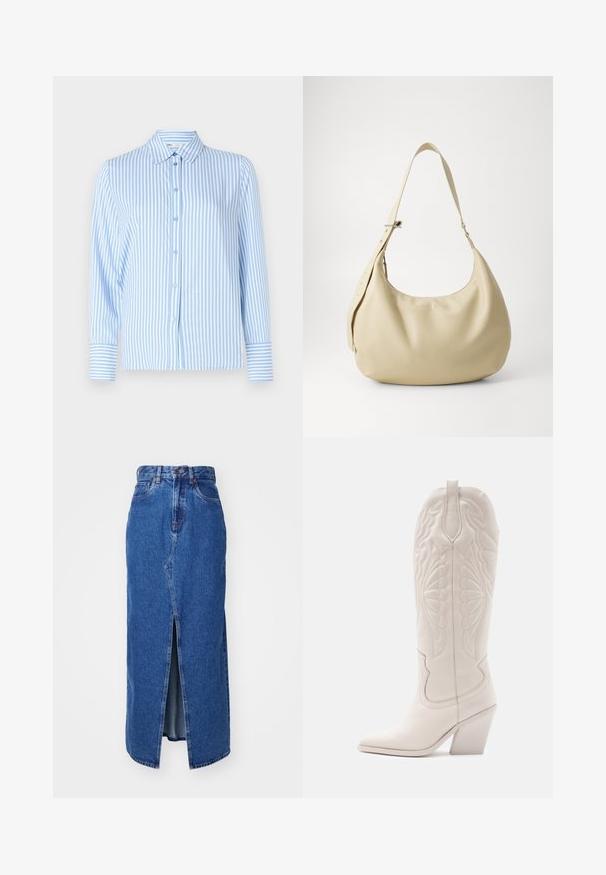 Lichtblauw gestreept overhemd met lange mouwen, kraag, knoopsluiting aan de voorkant en contrasterende gestreepte manchetten. Gladde stofstructuur.; Denim maxi rok in medium blauw met een voorste split, hoge taille en klassiek vijf-pocket ontwerp. Geweldige contraststiksels en een ritsluiting.; Witte leren cowboylaars met een spitse neus en een vierkante hak. Heeft ingewikkelde stikpatronen op de schacht en een soepele textuur.; Beige leren schoudertas met een gebogen vorm, verstelbare schouderband en reliëf logo detail, met een gladde textuur en een minimalistisch ontwerp.
