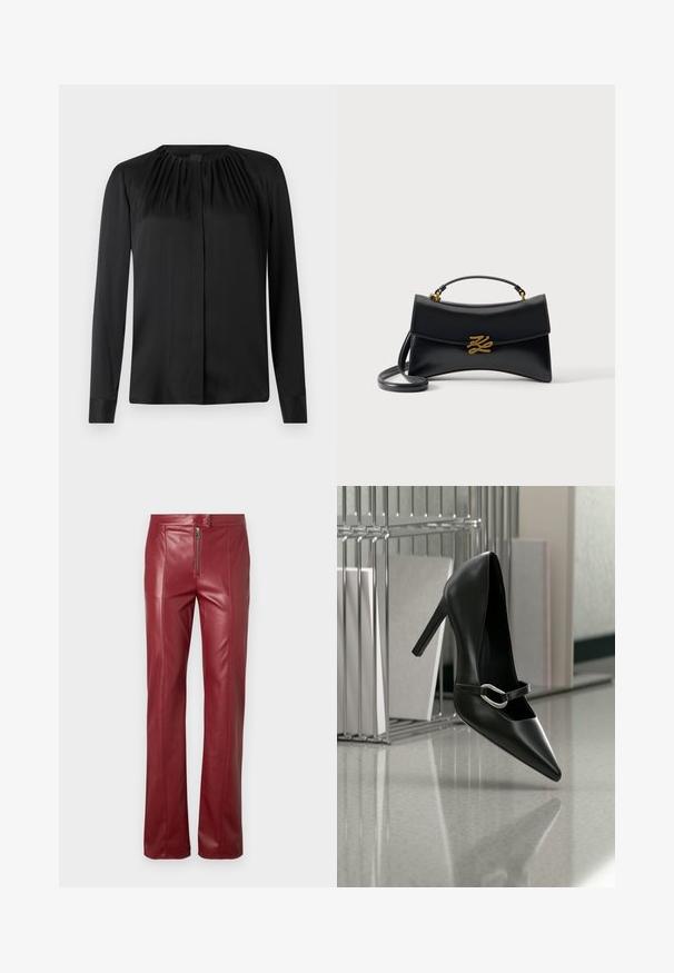 Blouse noire à manches longues en tissu lisse avec un col arrondi et de légères fronces aux épaules. Présente une coupe droite et une fermeture par boutons.; Pantalon en cuir rouge à coupe slim, avec une fermeture éclair à l'avant et une texture lisse. Le design comprend des détails de couture subtils le long des jambes.; Chaussure à talon haut noire pointue avec une bride à boucle argentée, placée sur une surface réfléchissante près d’un organiseur métallique contenant des papiers.; Sac à main en cuir noir avec rabat incurvé, fermoir logo "KZ" doré, poignée supérieure et bandoulière amovible sur fond uni.