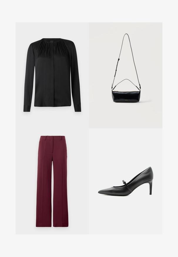 Blouse noire à manches longues en tissu lisse avec un col arrondi et de légères fronces aux épaules. Présente une coupe droite et une fermeture par boutons.; Pantalon large bordeaux en tissu lisse, avec un devant plat, des passants de ceinture et une coupe ajustée avec des plis.; Escarpin noir en cuir à bout pointu avec une fine bride et une boucle sur le cou-de-pied, posé sur un fond clair neutre.; Sac bandoulière rectangulaire en cuir noir avec bandoulière ajustable, fermeture éclair sur le dessus et petit logo Calvin Klein doré sur le devant.