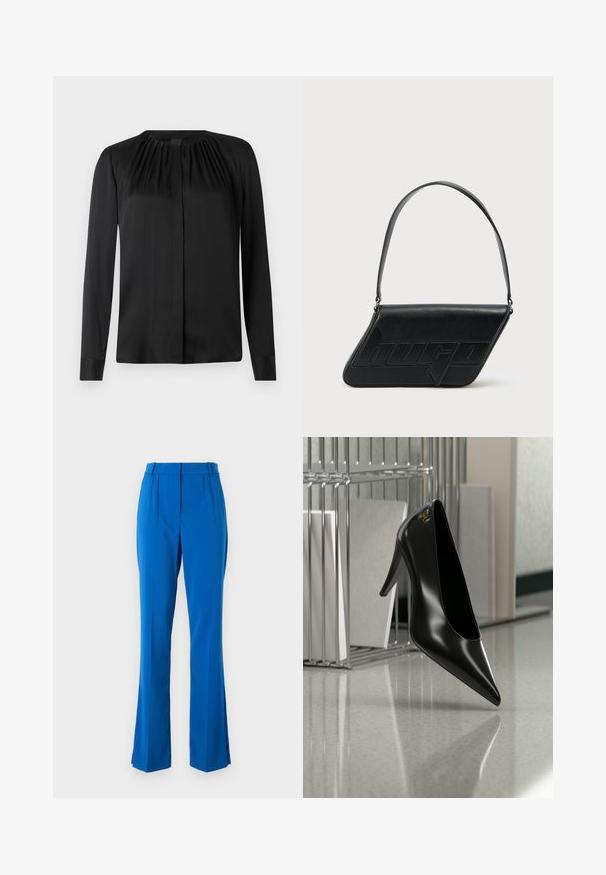 Blouse noire à manches longues en tissu lisse avec un col arrondi et de légères fronces aux épaules. Présente une coupe droite et une fermeture par boutons.; Pantalons tailleurs bleus avec taille haute, devant plissé et jambes évasées avec fentes sur les côtés, fabriqués en un tissu lisse et léger.; Chaussure noire à talon haut avec bout pointu et logo doré, posée sur une surface réfléchissante près d'un organiseur de dossiers en fil chromé contenant des documents.; Sac d'épaule en cuir noir de forme triangulaire, avec un logo embossé et une seule bandoulière réglable. Design minimaliste avec une texture lisse.