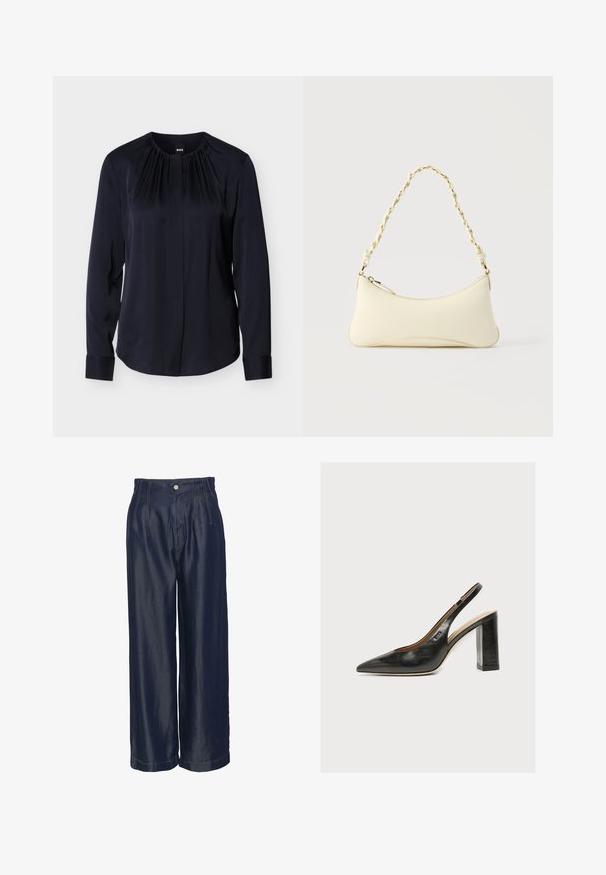 Marineblaue Bluse mit langen Ärmeln, plissiertem Ausschnitt und Knopfverschluss. Glatter Stoff mit Manschetten und leicht tailliertem Schnitt.; Marineblaue Jeans mit weitem Bein und hohem Bund, die über Frontfalten und goldene Nähte verfügt, eine glatte Textur hat und mit einem Knopfverschluss ausgestattet ist.; Schwarzer Leder-Damenslingback-Pumps mit spitzer Zehenpartie und dickem hohem Blockabsatz auf weißem Hintergrund.; Kleine handtasche in Cremefarben mit geschwungener Form und geflochtenem, goldfarbenem Kettenhenkel, Reißverschluss oben