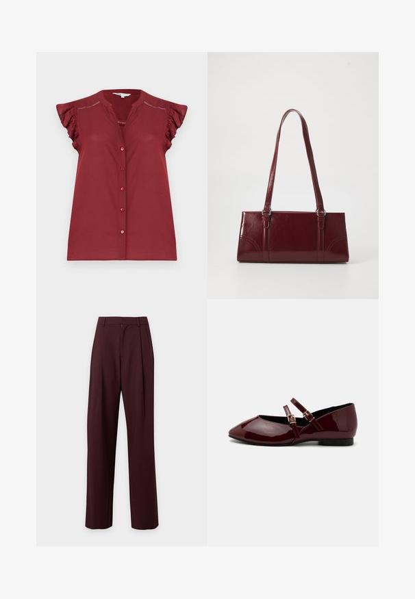 Blouse bordeaux sans manches à boutons, avec des manches courtes volantées et des détails ajourés près des épaules.; Pantalon marron foncé taille haute sur mesure avec jambes droites et passants de ceinture, présenté sur un fond clair uni.; Anna Field by Zalando Babies - dark red; Sac à main bordeaux en matériau brillant, de forme rectangulaire, avec deux anses et des accents légèrement courbés à l'avant.