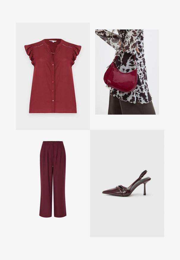 Mouwloze bordeauxrood overhemdblouse met knoopsluiting, gerimpelde schoudermouwtjes en oogjesdetails bij de schouders.; Wijd-uitlopende broek in bordeauxrode stof, met voorplooien en een elastische tailleband. Gladde textuur, full-length ontwerp.; Bordeauxrode lakleren slingback met puntige neus, dunne enkelband en kleine decoratieve gespsluiting. Gladde textuur en hoge hak.; Vrouw met een zwart-wit gebloemde blouse houdt een glanzende rode schoudertas vast tegen een effen achtergrond.