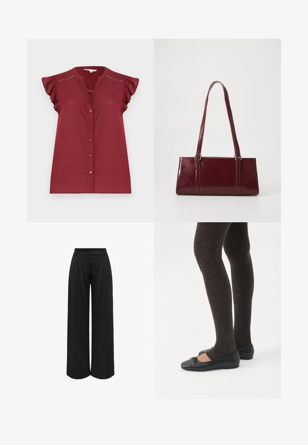 Blouse bordeaux sans manches à boutons, avec des manches courtes volantées et des détails ajourés près des épaules.; Pantalons larges noirs avec une taille ajustée, plis plats à l'avant et fermeture à bouton. Fabriqués dans un matériau fluide, présentant une texture lisse.; Jambes portant des leggings côtelés foncés associés à des ballerines noires avec de petits détails en nœud sur fond blanc.; Sac à main bordeaux en matériau brillant, de forme rectangulaire, avec deux anses et des accents légèrement courbés à l'avant.