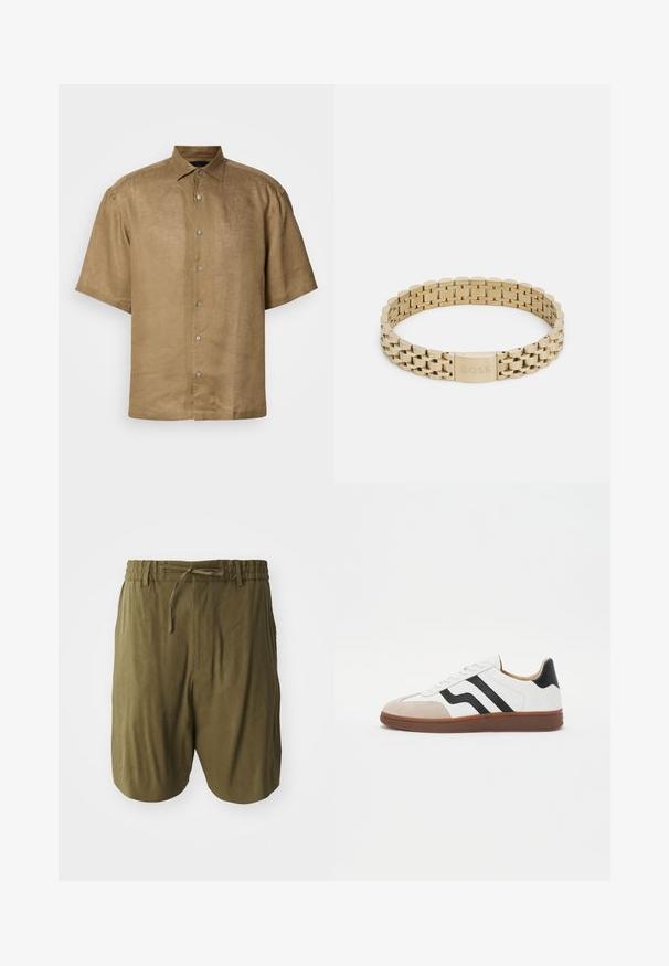 Kortærmet, button-up skjorte i lys brun linned med en tekstureret finish, der har en standardkrave og seks knapper foran.; Olivengrønne shorts lavet af letvægtsstof, med en elastisk talje med snoretræk og sidelommer for ekstra bekvemmelighed.; Hvid sneaker med sorte stribeakcenter, ruskind toe cap og brun gummi sål. Glat læderoverdel med et rundet design.; Guldmetalarmbånd med et leddesign, der har en glat overflade og en lås graveret med "BOSS."