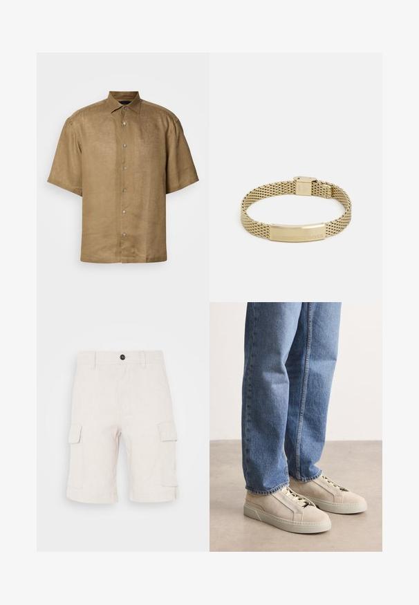 Kortærmet, button-up skjorte i lys brun linned med en tekstureret finish, der har en standardkrave og seks knapper foran.; Beige cargo shorts lavet af letvægtsstof, med to sidelommer og en foldet nederkant. Knaplukning i taljen.; BOSS GARYTENN_SDHDEL - Sneakers - natural ten; Guldfarvet mesh-armbånd med en flad, indgraveret plade med ordet "BOSS". Designet er strømlinet med en metallisk tekstur og sikker lukning.