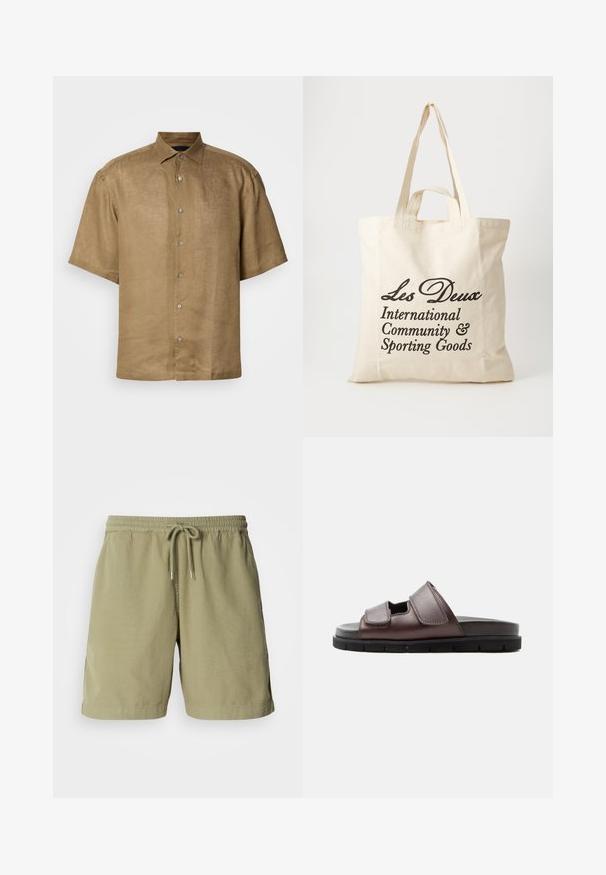Kortærmet, button-up skjorte i lys brun linned med en tekstureret finish, der har en standardkrave og seks knapper foran.; Olivenfarvede shorts, lavet af bomuld, med elastisk talje og snøre, der har sidelommer og en lige pasform. Glat tekstur.; Brun lædersandal med to justerbare velcroremme og en sort polstret sål på hvid baggrund.; Beige bomulds tote bag med to kraftige håndtag. Har sort trykt tekst: "Les Deux International Community & Sporting Goods."