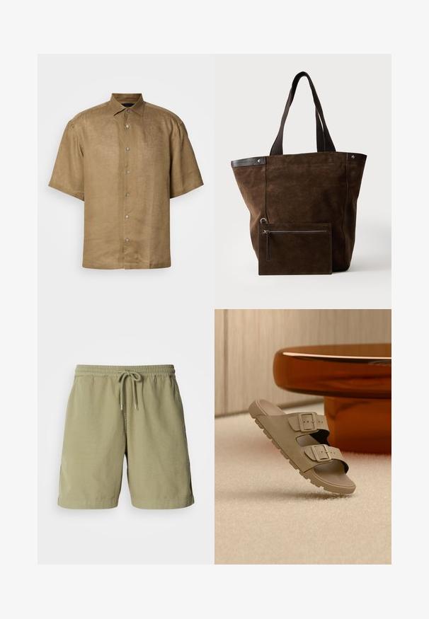 Kortærmet, button-up skjorte i lys brun linned med en tekstureret finish, der har en standardkrave og seks knapper foran.; Olivenfarvede shorts, lavet af bomuld, med elastisk talje og snøre, der har sidelommer og en lige pasform. Glat tekstur.; Beige slip-in sandal med to justerbare spænderemme, tyk tekstureret sål, svævende over et beige tæppe nær en rund brun bordfod.; Mørkebrun ruskindstaske med sorte håndtag og en tilsvarende rektangulær lynlåspung fastgjort foran.
