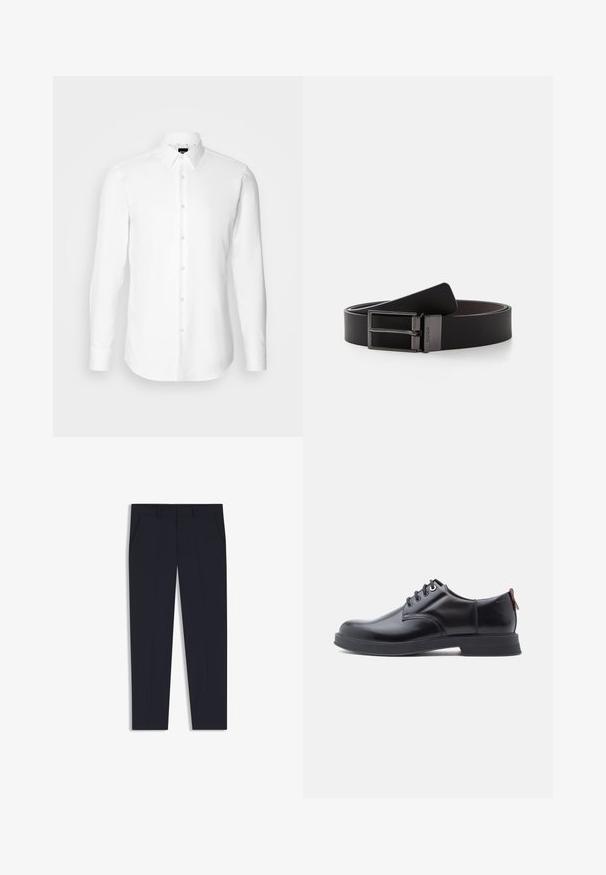 Camisa blanca de manga larga, con cierre de botones en el frente, cuello clásico, confeccionada con una tela suave con una textura sutil, diseñada para un ajuste entallado.; Pantalones azul marino con un corte ajustado, que cuentan con dos bolsillos frontales, un diseño plano en la parte delantera y una textura suave. Sin patrones ni adornos visibles.; Zapatos de piel negra con cordones, textura lisa, puntera redondeada y detalles sutiles de costura. Cuentan con una lengüeta roja en el talón.; Cinturón de cuero negro con un acabado liso, que cuenta con una hebilla metálica plateada y doble lengüeta, diseñado para una apariencia elegante y minimalista.