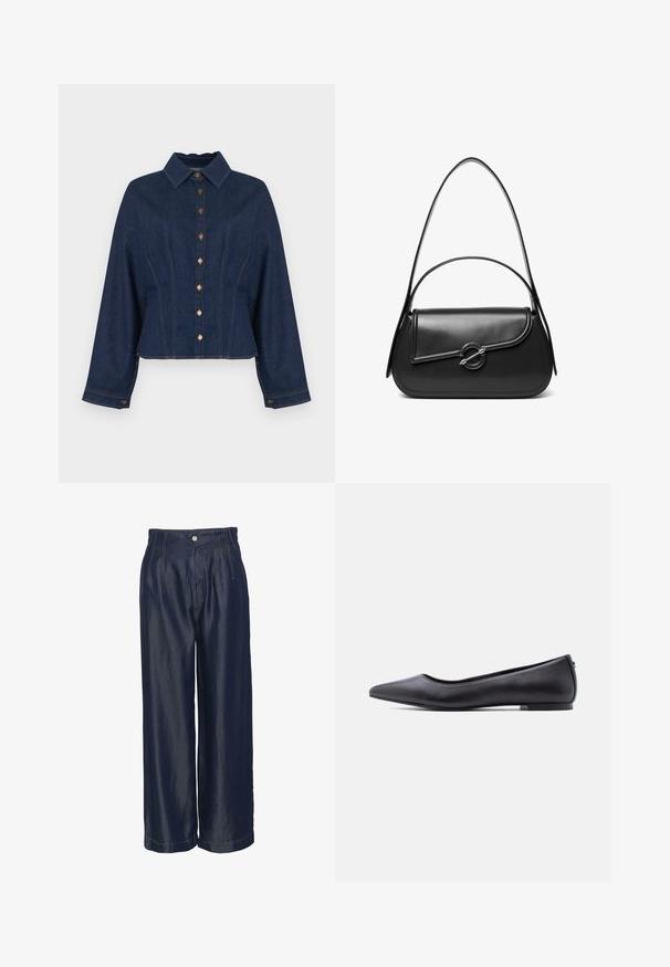 Mørk denimjakke med krave, knaplukning foran og lange ærmer. Har en figursyet pasform med sidesømme og kontrastsyning.; Marineblå denim bukser med vid ben, høj talje, forsynede med frontfolder og guldstof-detaljer, glat tekstur og knaplukning.; Sort flad lædersko med spidst tåparti og lav hæl, vist i sideprofil mod en hvid baggrund.; Sort skuldertaske i læder med en buet klap, der er fastgjort med en rund metal spænde, og en slank, justerbar rem.