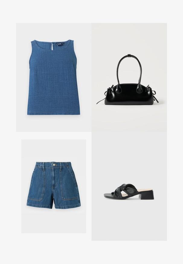 Ærmeløs blå top i tekstureret bomuld med rund halsudskæring og lille nøglehul med knaplukning bagpå, mærket GAP.; Blå denimshorts med høj talje, frontknap i metal, bæltestropper, synlige syninger og store forlommer med lap.; Sort lædersandal med et snoet overdesign, kvadratisk tå og en lav blokhæl, der har en glat tekstur og minimalistisk stil.; Lille sort blank håndtaske med to lange håndtag og snøre-detaljer i siden på en ensfarvet lys baggrund.