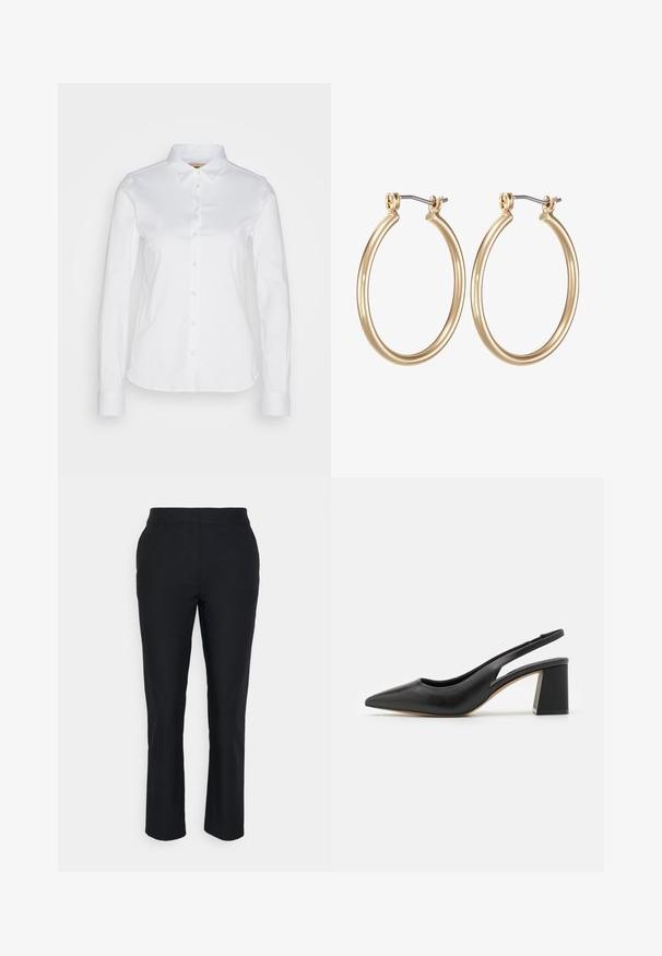 Witte langwerpige blouse met knopen en een brede kraag, gemaakt van een gladde katoenstof met een afgeronde zoom. De stof heeft een lichte glans.; Zwarte op maat gemaakte broeken met een rechte pijp, gemaakt van soepel materiaal. Heeft een tailleband zonder zichtbare sluitingen of zakken.; Zwarte leren slingback pump met een spitse neus, een uitgesneden ontwerp en een stevige blokhak. Glad textuur met een minimalistische esthetiek.; Gouden metalen ring oorbellen met een glad, rond ontwerp en een veilige scharnier sluiting. Lichtgewicht met een gepolijste afwerking.