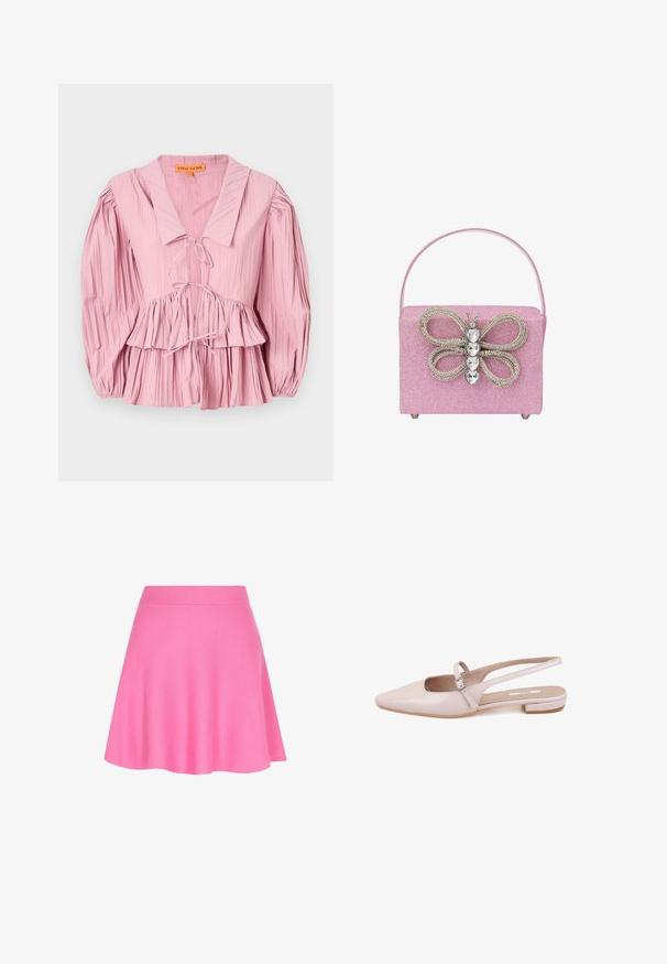Stine Goya PLEATED BALLOON SLEEVE TIE - Blouse - pink nectar; Roze gebreide rok met een aansluitende tailleband en een uitlopende vorm, gemaakt van zachte stof die een soepele textuur toevoegt.; Desa Ballerina's - pink; Roze glitterhandtas met een vlinderontwerp van rhinestones, met een gestructureerde vorm en een enkele handgreep aan de bovenkant.