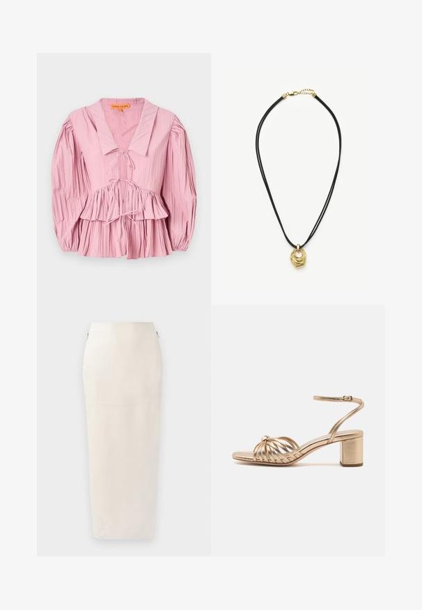Stine Goya PLEATED BALLOON SLEEVE TIE - Blouse - pink nectar; Jupe midi crème à la silhouette ajustée, confectionnée en tissu lisse, dotée d'une fermeture éclair cachée sur le côté et de détails de couture minimalistes.; Loeffler Randall OLIVIA KNOT MID HEEL - Sandales - champagne; Collier à double cordon noir avec un pendentif abstrait en boucle torsadée dorée et un fermoir doré avec chaîne d'extension.