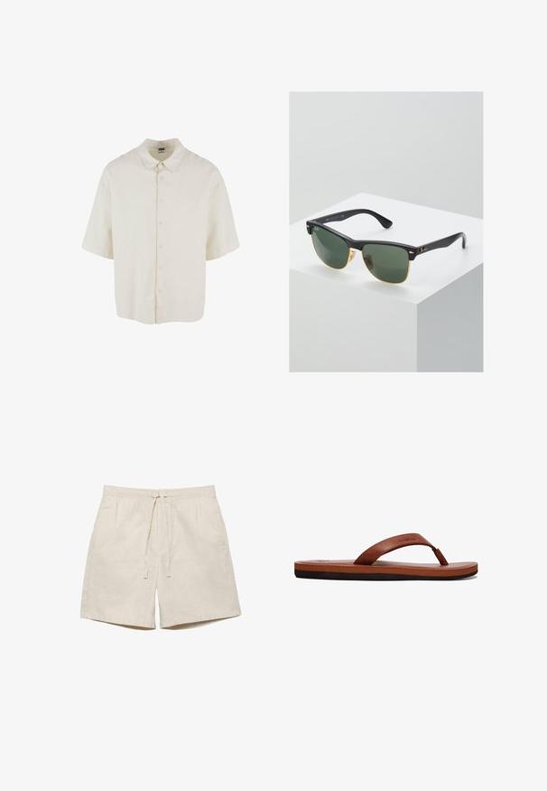 Kurzärmliges Hemd aus cremefarbenem Stoff, mit lockerer Passform, Knopfverschluss und klassischem Kragendesign.; Beige legere Shorts mit elastischem Bund und Kordelzug, knielang, aus leichtem Stoff.; Braune Lederflip-Flops mit einem strukturierten Riemen, einer gepolsterten Innensohle und einer schwarzen Gummisohle. Seitenansicht, die das schlanke Design hervorhebt.; Ray-Ban Sonnenbrillen mit grünen Gläsern, schwarzen Kunststoffrahmen und goldenen Akzenten an den Rändern. Quadratische Form mit matter Oberfläche.