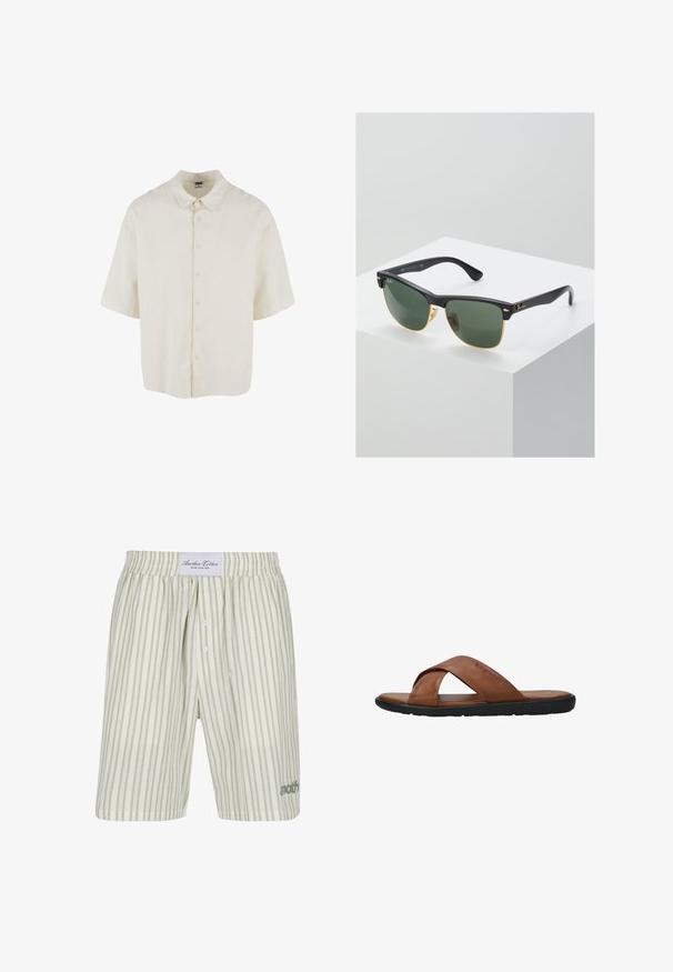 Kortærmet skjorte i cremefarvet stof, med en afslappet pasform, knaplukning og klassisk kravedesign.; Lysegrønne stribede bomuldsboksershorts med snor i livet, frontknapper og subtilt logo på nederste venstre side.; Brun lædersandal med krydsede remme, sort flad sål og "bugatti" præget på den øverste rem, vist i siden mod hvid baggrund.; Ray-Ban solbriller med grønne linser, sorte plastikstel og gyldne detaljer ved kanterne. Firkantet form med mat finish.