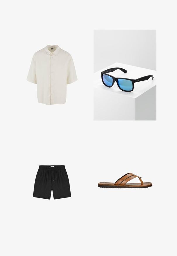Chemise à manches courtes en tissu couleur crème, avec une coupe décontractée, une fermeture par boutons et un col classique.; Short décontracté noir avec taille élastique et cordon, doté de poches latérales et d'une coupe relax, posé à plat sur un fond blanc.; Tongs en cuir marron avec deux brides horizontales et un entre-doigts. Elles disposent d'une semelle en caoutchouc plate et texturée pour une bonne adhérence et un confort optimal.; Lunettes de soleil noires rectangulaires avec des verres miroir bleus. Présentent une finition mate et le logo Ray-Ban sur les branches.
