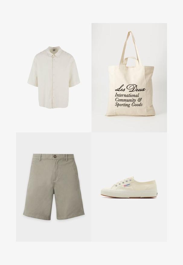 Camisa de manga corta en tela color crema, con un ajuste holgado, cierre de botones y un diseño de cuello clásico.; Pantalones cortos gris claro hasta la rodilla con botón frontal, trabillas para cinturón y bolsillos laterales sobre un fondo blanco.; Zapatillas de lona beige con un diseño de perfil bajo, ojales de metal y suela de goma. Presenta un patrón texturizado y detalle del logo en el lateral.; Bolsa de algodón beige con dos asas resistentes. Presenta un texto impreso en negro: "Les Deux International Community & Sporting Goods."