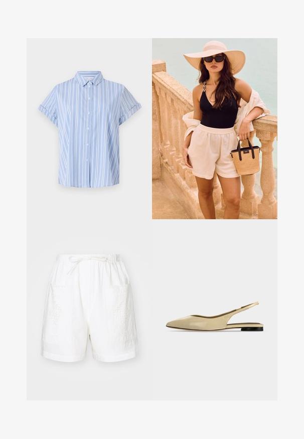 Camisa de botón de manga corta azul claro con rayas verticales blancas, cuello con solapa y puños enrollados. Textura de tela suave.; Pantalones cortos de algodón blancos con una cintura elástica, cordón de ajuste y dos bolsillos delanteros que presentan intrincados diseños bordados.; Zapato plano beige con puntera puntiaguda, diseño slingback, tacón bajo negro y acabado en cuero liso, mostrado de perfil sobre un fondo liso.; Mujer con cabello largo que lleva un sombrero de ala ancha, top negro sin mangas, pantalones cortos blancos, gafas de sol, sosteniendo un pequeño bolso tejido junto a una barandilla de piedra.