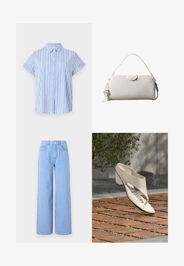 Lichtblauw, kort mouw shirt met knoopsluiting en verticale witte strepen, een kraaghals en opgerolde manchetten. Glad stofoppervlak.; Lichtblauwe wijde denim jeans. Heeft een aangesloten taille met riemlussen en voorzakken, stiksel details en een schone zoom.; Witte leren sandalen met hak, brede band en teenstuk, buiten tentoongesteld op een houten en kiezel betegeld oppervlak met groen op de achtergrond.; Witte rechthoekige Calvin Klein handtas met enkele handgreep, minimalistisch ontwerp en decoratieve kwastjes met geometrische metalen hanger aan de zijkant.