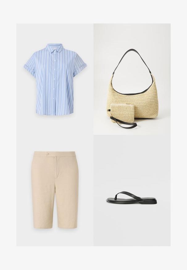 Camisa de botón de manga corta azul claro con rayas verticales blancas, cuello con solapa y puños enrollados. Textura de tela suave.; Pantalones cortos de lino beige con cierre de botón delantero, dos bolsillos laterales y un corte recto, con una textura suave y un diseño simple.; Chancla negra de piel suave, con un diseño de tira delgada y una suela plana de perfil mínimo. Sin patrones ni acentos notables.; Bolso de paja tejido con una silueta curva, que cuenta con una suave correa de cuero negro y un pequeño estuche a juego, sujeto por una correa de muñeca.