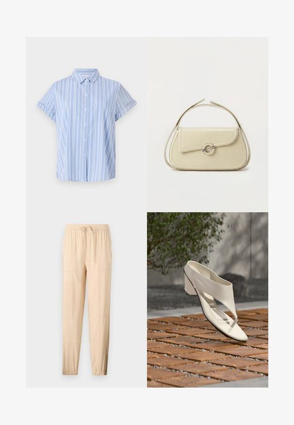 Lichtblauw, kort mouw shirt met knoopsluiting en verticale witte strepen, een kraaghals en opgerolde manchetten. Glad stofoppervlak.; Beige, lichtgewicht broek met een elastische tailleband, verstelbare trekkoord, smal gesneden pasvorm en zijzakken; gladde textuur en minimale naden.; Witte leren sandalen met hak, brede band en teenstuk, buiten tentoongesteld op een houten en kiezel betegeld oppervlak met groen op de achtergrond.; Crème leren handtas met gebogen klep, ronde zilveren sluiting en korte bovenste handgreep op een effen witte achtergrond.
