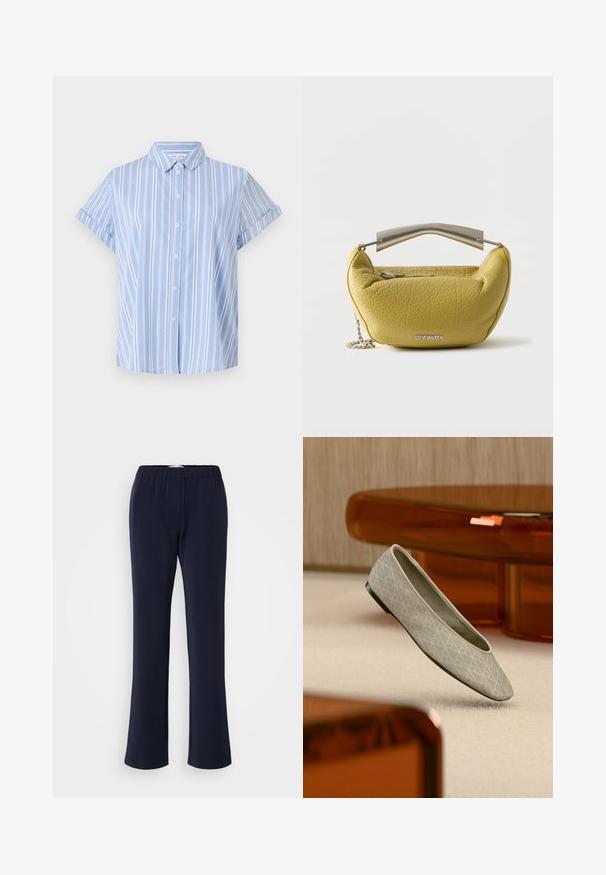 Camisa de botón de manga corta azul claro con rayas verticales blancas, cuello con solapa y puños enrollados. Textura de tela suave.; Pantalones de pierna recta en azul marino, confeccionados con tela elástica, con cintura elástica y dos bolsillos delanteros. Textura lisa, sin patrones visibles.; Bailarina beige con un patrón geométrico flota sobre una alfombra clara en una habitación moderna con muebles de tono ámbar.; Bolso de mano de cuero amarillo texturizado con asa superior metálica y correa de cadena, con bolsillo frontal con cremallera y logo plateado de Steve Madden.