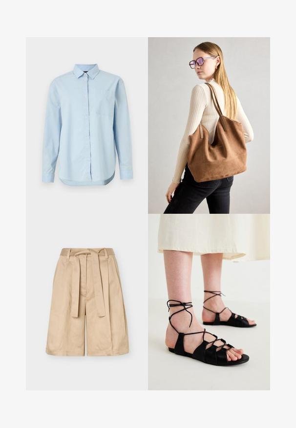 Lyseblå knap-up skjorte lavet af bomuld, med en klassisk krave, lange ærmer, en enkelt brystlomme og en buet nederdel.; Beige højtaljede shorts med bæltestropper, stofbælte og vide ben, vist mod en ensfarvet baggrund.; Sorte læder flade sandaler med krydset design og ankelbind, der har en glat tekstur og åben tå-stil.; Brun ruskind tote taske med blød tekstur, stor åbning og lange stropper. Har et enkelt design med synlige syninger og ingen hardware.