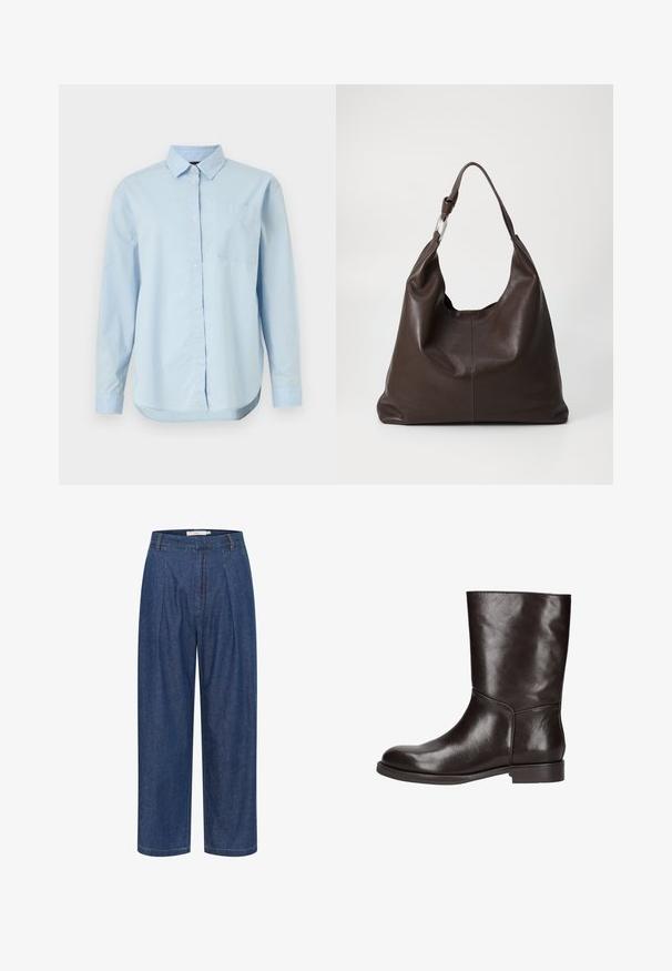 Lichtblauwe button-up overhemd van katoen, met een klassieke kraag, lange mouwen, een enkele borstzak en een gebogen zoom.; Blauwe denim broek met hoge taille, wijde pijpen, voorplooien, lussen voor een riem en een verborgen ritssluiting.; Donkerbruine leren midkuitlaars met ronde neus, lage gestapelde hak en een gladde afwerking, gezien vanaf de buitenkant op een witte achtergrond.; Zign LEATHER - Shopper - chocolate brown