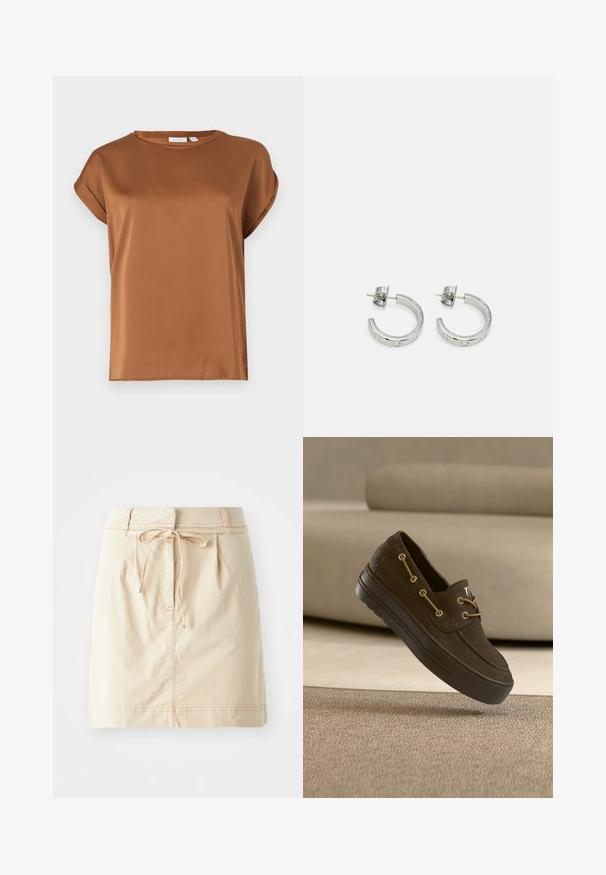 Blouse en satin camel marron à manches courtes avec un col rond et des poignets légèrement retroussés sur un fond uni.; Jupe kaki en tissu léger avec une taille ajustée, des détails de cordon de serrage, des plis et des coutures subtiles. Texture lisse.; Mocassin décontracté marron foncé avec semelle épaisse et détails de lacets couleur fauve, flottant au-dessus d’un tapis beige texturé avec un canapé beige en arrière-plan.; kate spade new york HUGGIES - Boucles d'oreilles - clear/silver-coloured
