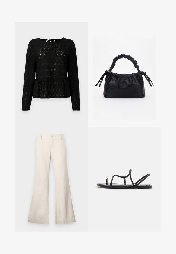 Top peplum noir en dentelle texturée avec des manches longues, présentant un col rond et un détail noué au dos.; Pantalons beiges évasés en tissu léger composé de lin. Présente une fermeture à bouton à l'avant et des poches latérales. Texture lisse, design décontracté.; Sandales noires plates avec des fines lanières et un anneau pour les orteils, comportant un accent doré sur le orteil. Fabriquées dans un matériau lisse et brillant.; Sac à main noir avec texture crocodile, bord supérieur froncé, poignée plissée et pompons à cordon de chaque côté sur fond blanc.