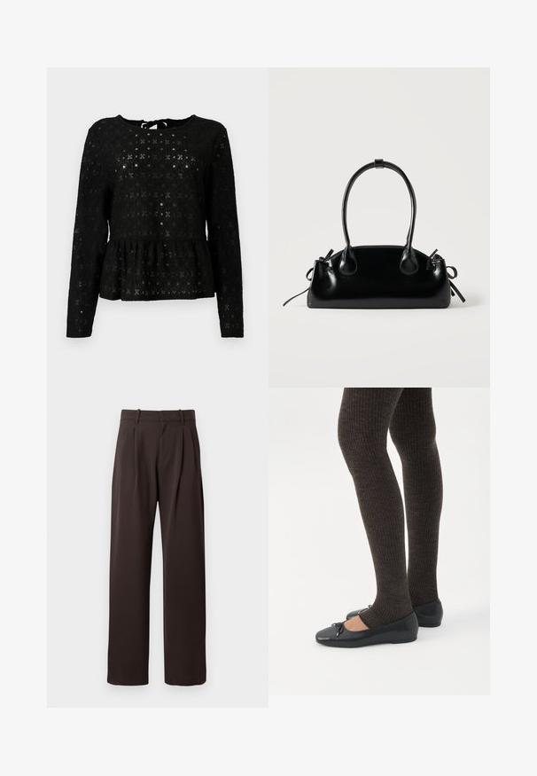 Top peplum negro hecho de encaje texturizado con mangas largas, que presenta un escote redondo y un detalle atado en la parte posterior.; Pantalones marrones con plisados y diseño de pierna recta. Fabricados en una tela suave, con pasadores para cinturón y bolsillos laterales.; Piernas con leggings oscuros acanalados combinados con bailarinas negras que presentan pequeños detalles de lazo sobre un fondo blanco.; Pequeño bolso negro brillante con dos asas largas y detalles de cordón lateral sobre un fondo claro liso.
